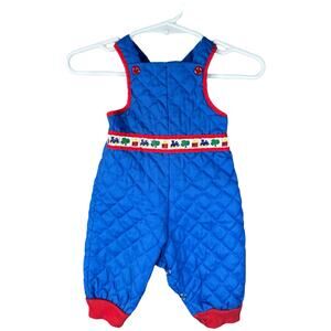 Boy’s Vintage Blue Red Quilted Overall Bibs Button Train Pants Size 0-6 Months
